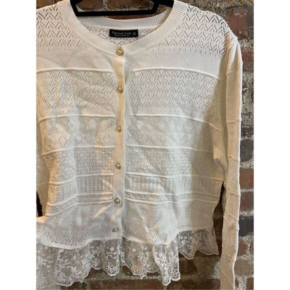Emerson Lane Young Contemporary White Crochet Lace Button Down Sweater Cardigan - Picture 2 of 10